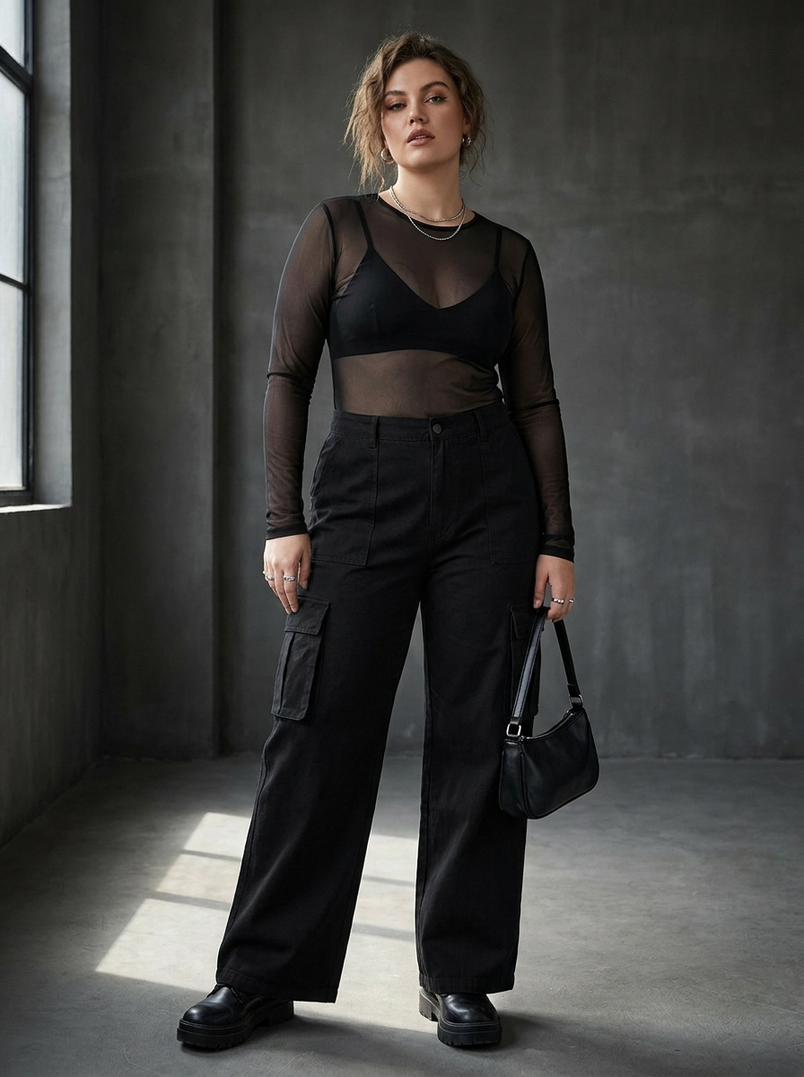 Black Mesh Top With Wide Leg Cargo Pants