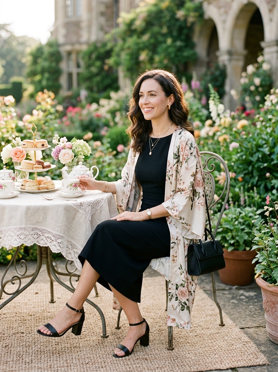 Black Midi Dress With a Floral Kimono