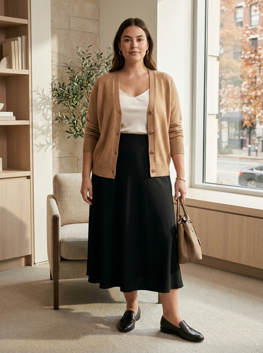 Black Midi Skirt With Soft Cardigan