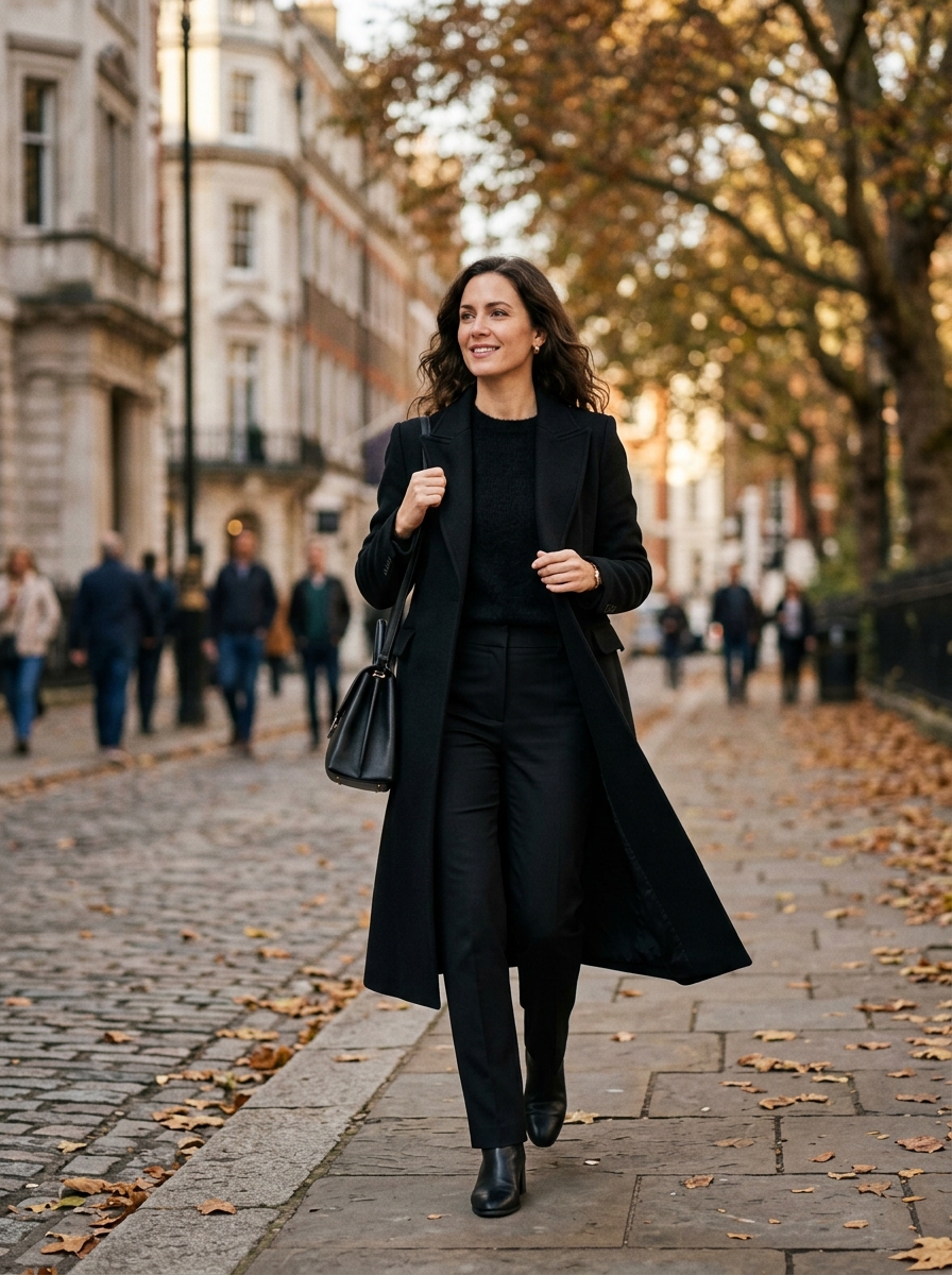 Black Monochrome Layers With Long Coat