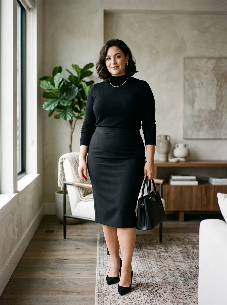 Black Pencil Skirt With a Mock-Neck Top