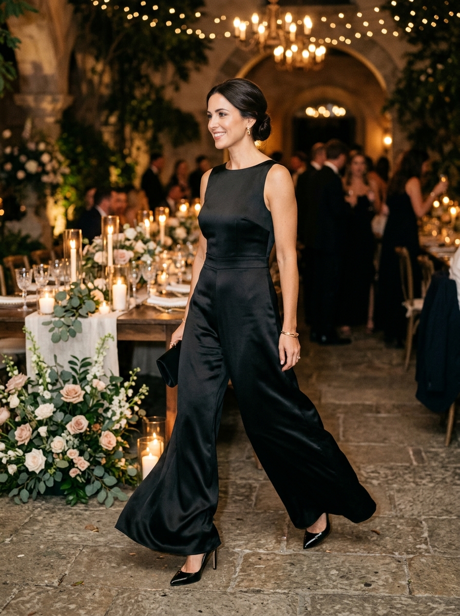 Black Satin Jumpsuit With Wide Legs