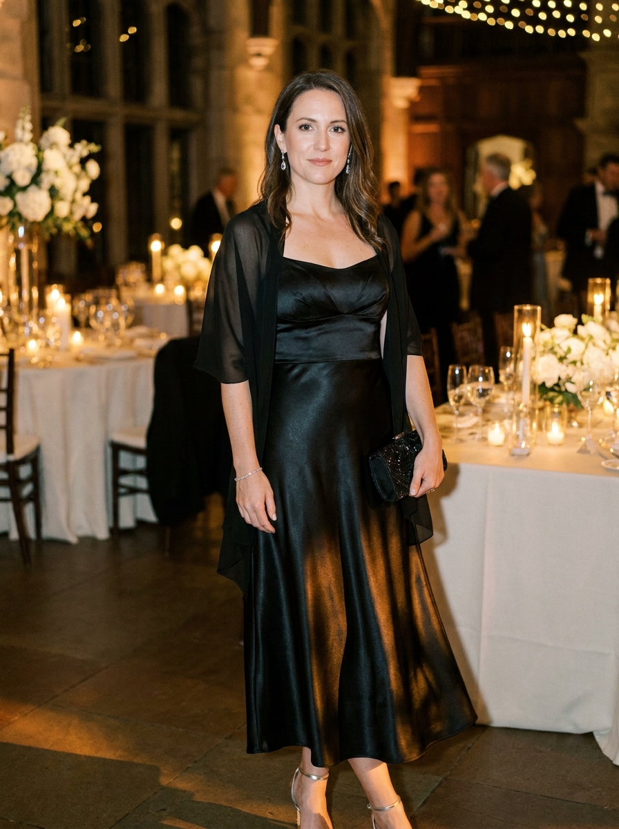Black Satin Midi Dress With a Sheer Wrap