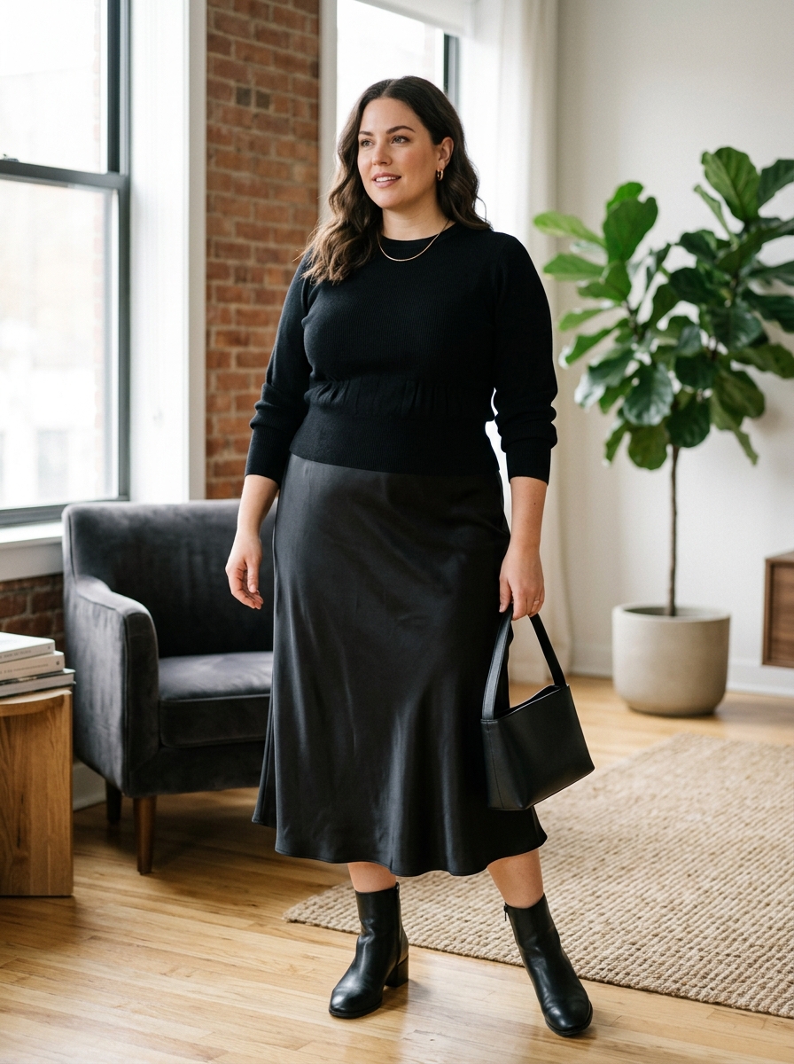 Black Satin Skirt With a Knit Top