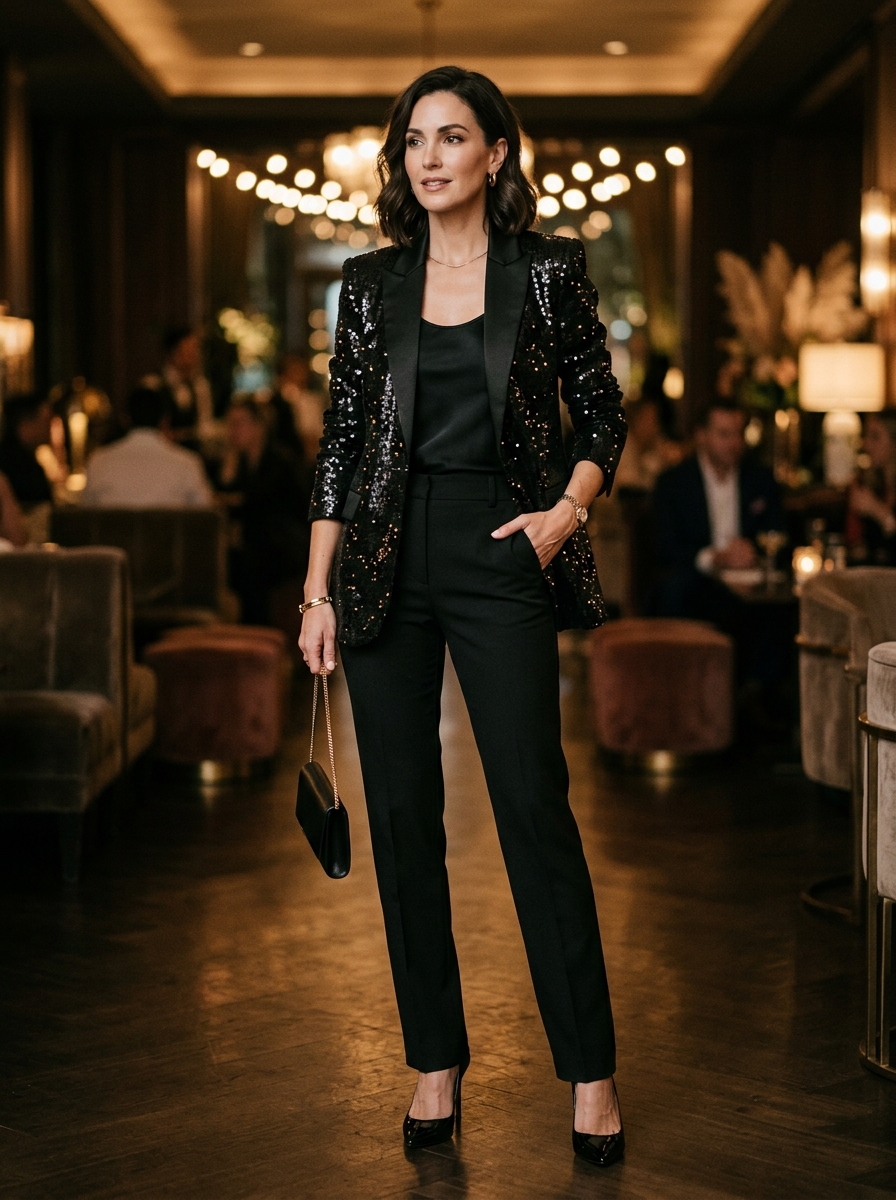 Black Sequin Blazer With Straight-Leg Trousers