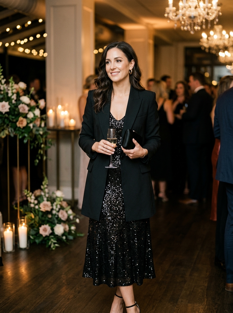 Black Sequin Midi Dress With a Longline Blazer