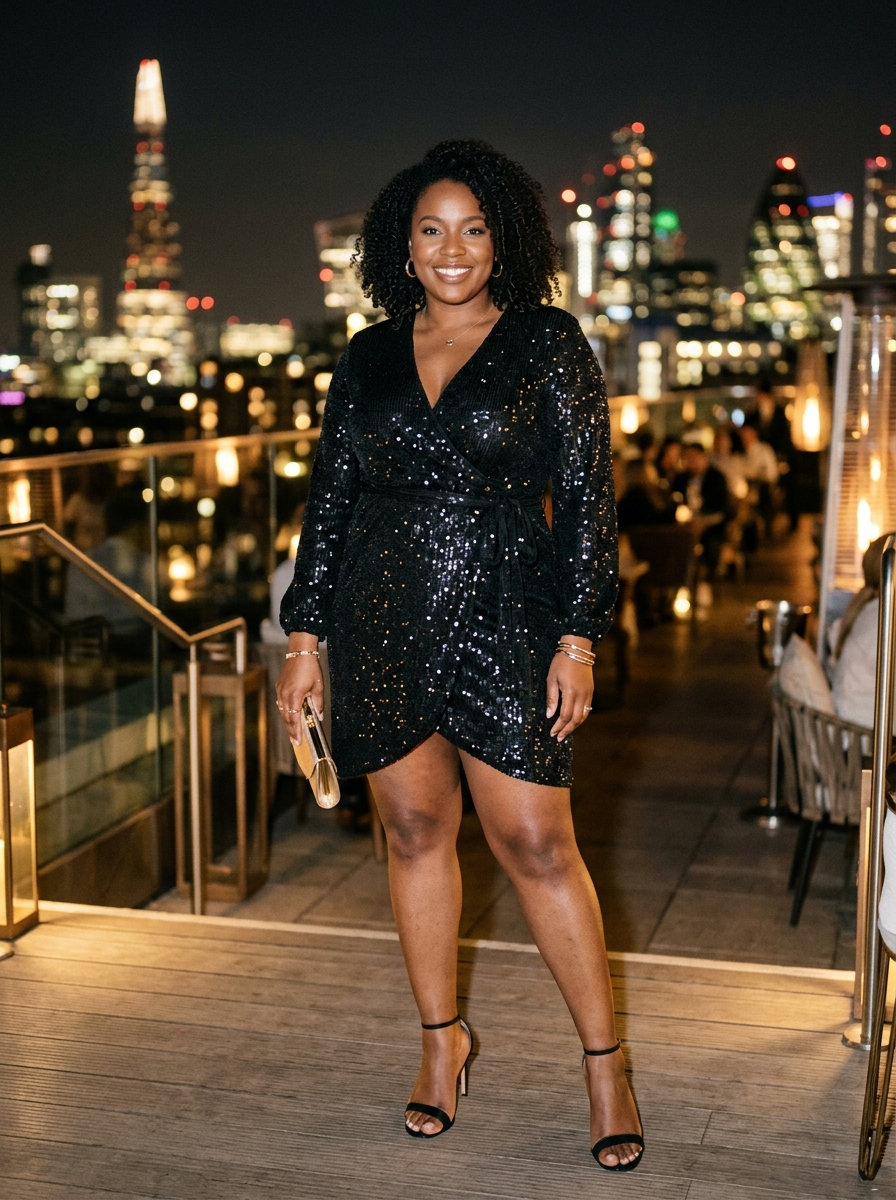 Black Sequin Wrap Mini Dress