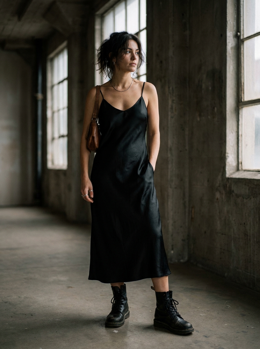 Black Slip Dress With Combat Boots