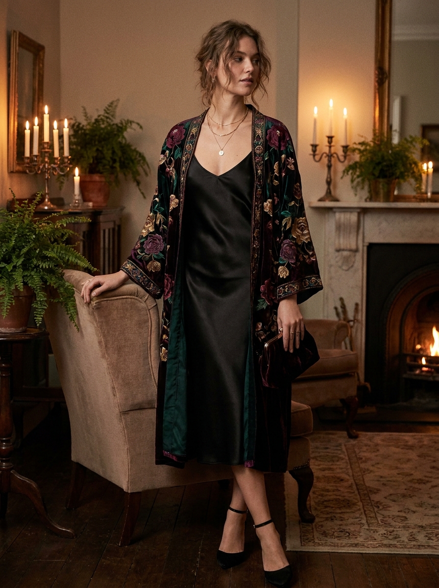 Black Slip Dress With Embroidered Kimono