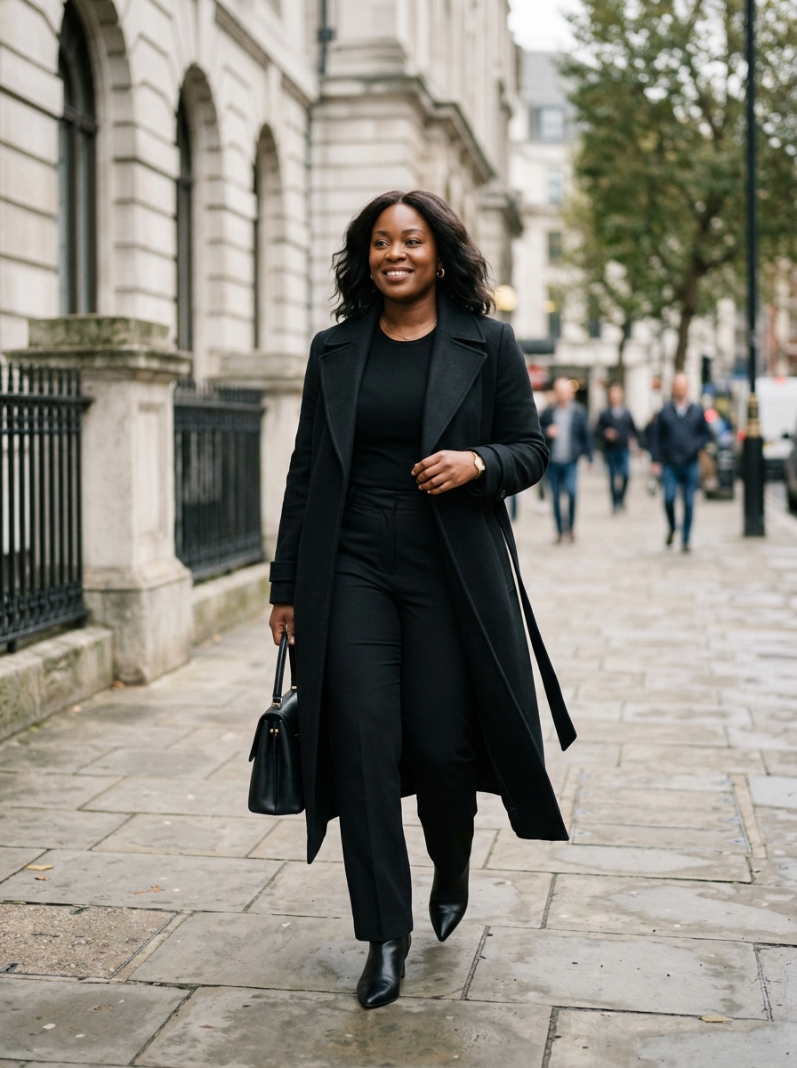 Black Trench Coat With Tailored Pants