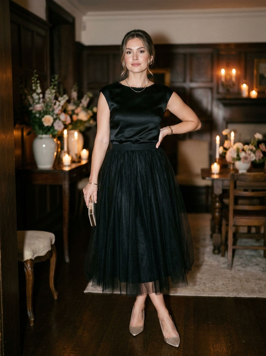 Black Tulle Skirt With Fitted Satin Top