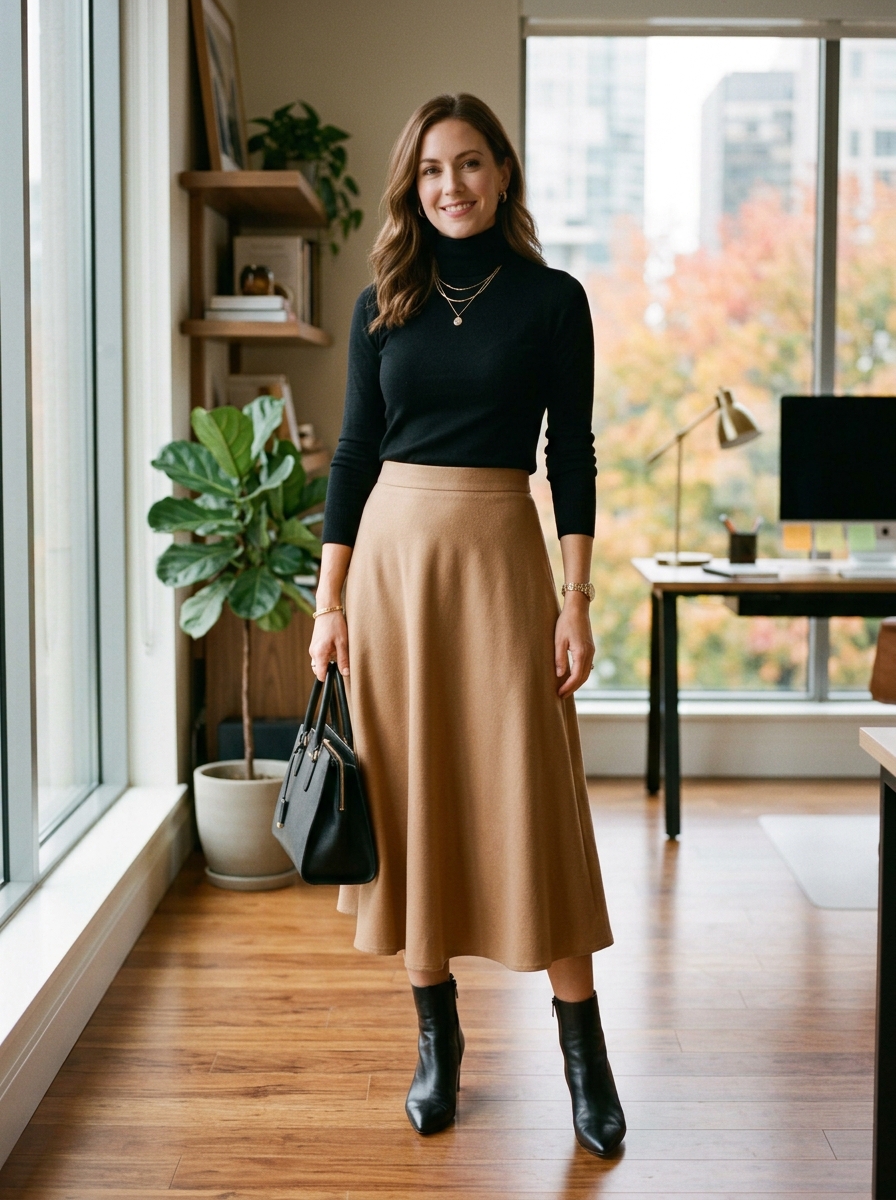 Black Turtleneck With Camel Midi Skirt