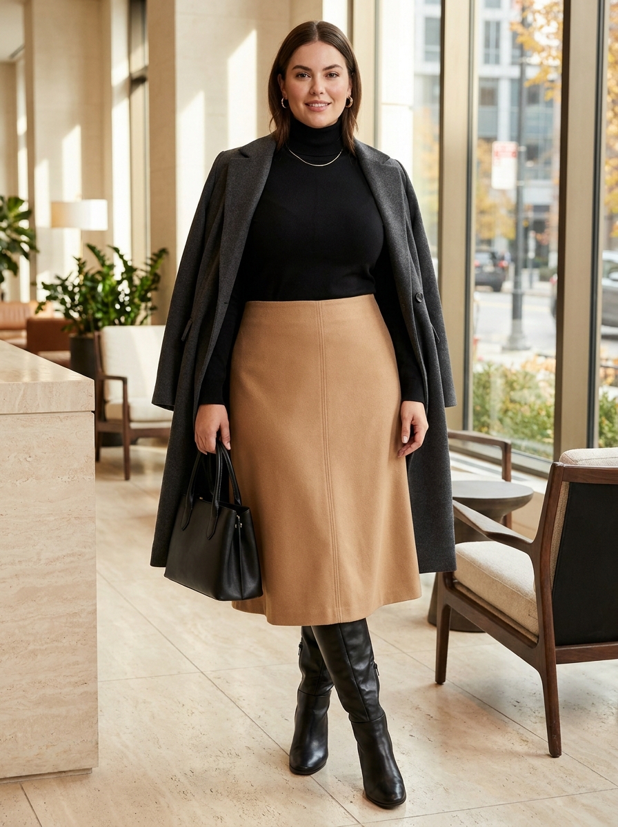 Black Turtleneck With Camel Midi Skirt
