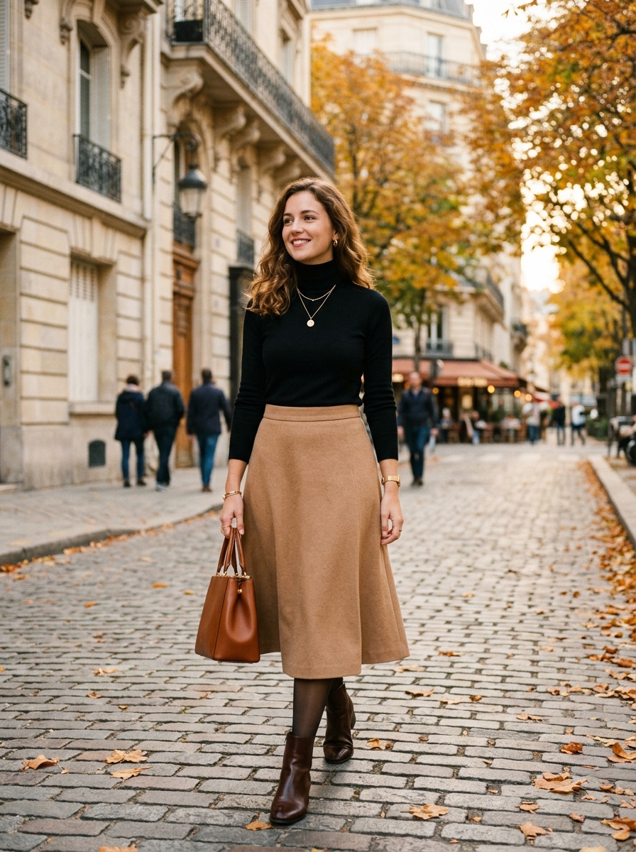 Black Turtleneck With Camel Midi Skirt