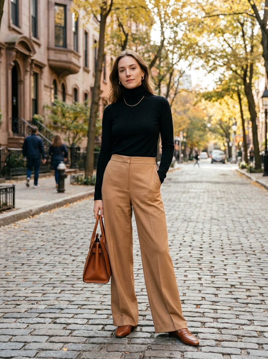 Black Turtleneck With Camel Trousers