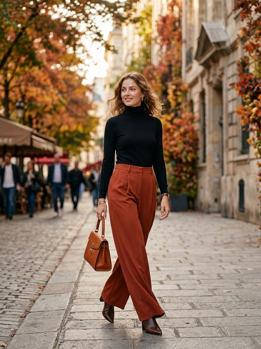 Black Turtleneck With Rust Wide-Leg Pants