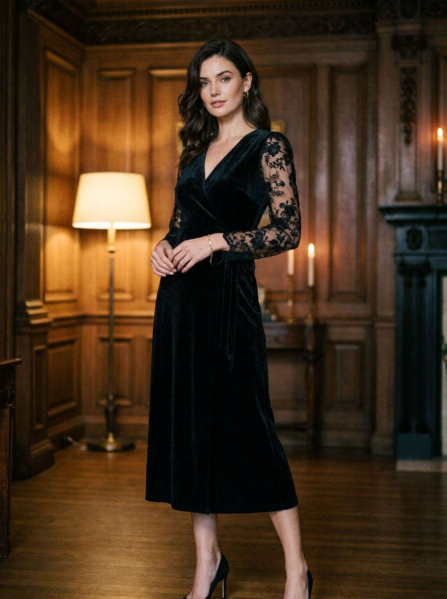 Black Velvet Wrap Dress With Lace Sleeves