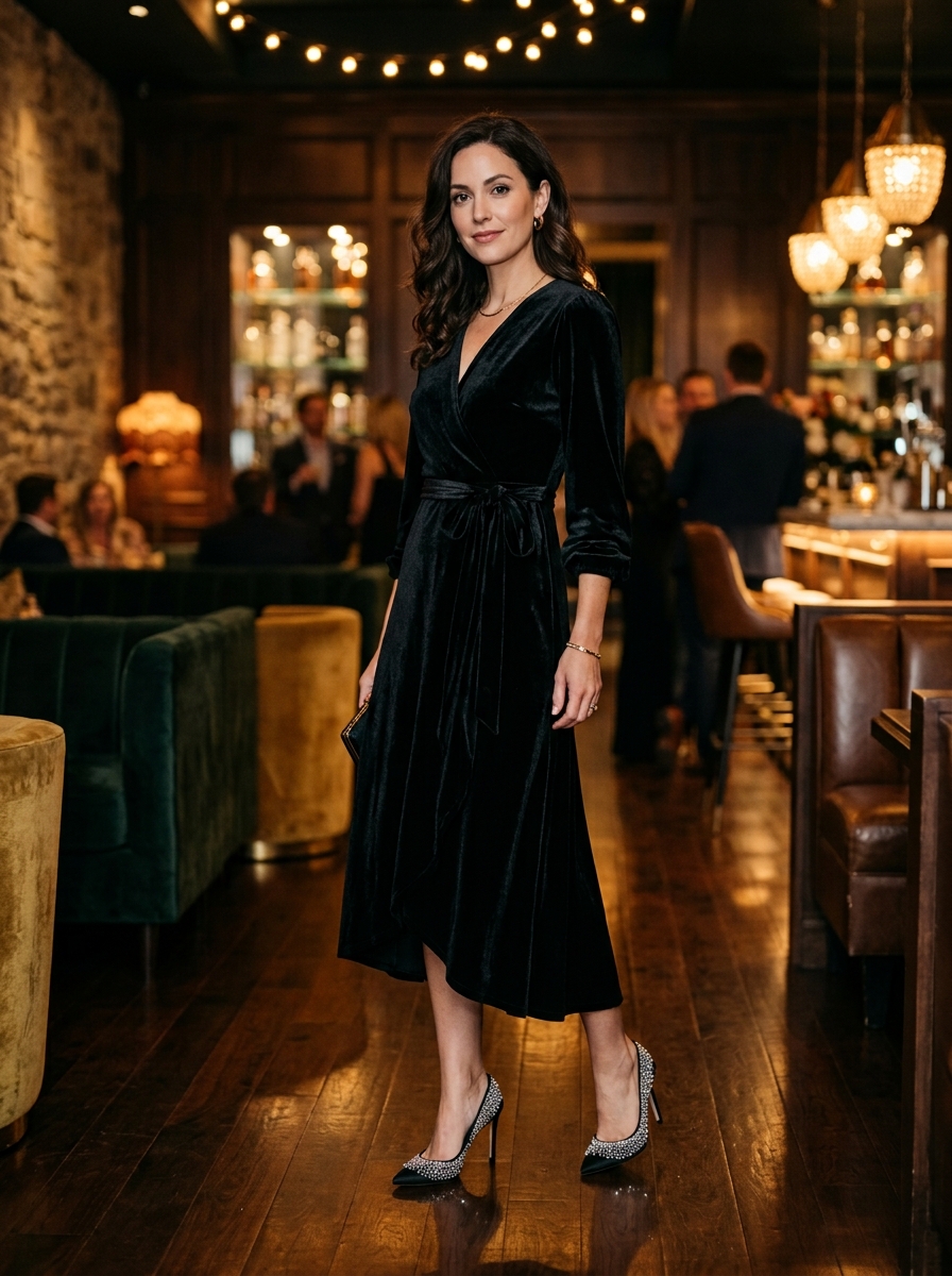Black Velvet Wrap Dress With Sparkling Heels
