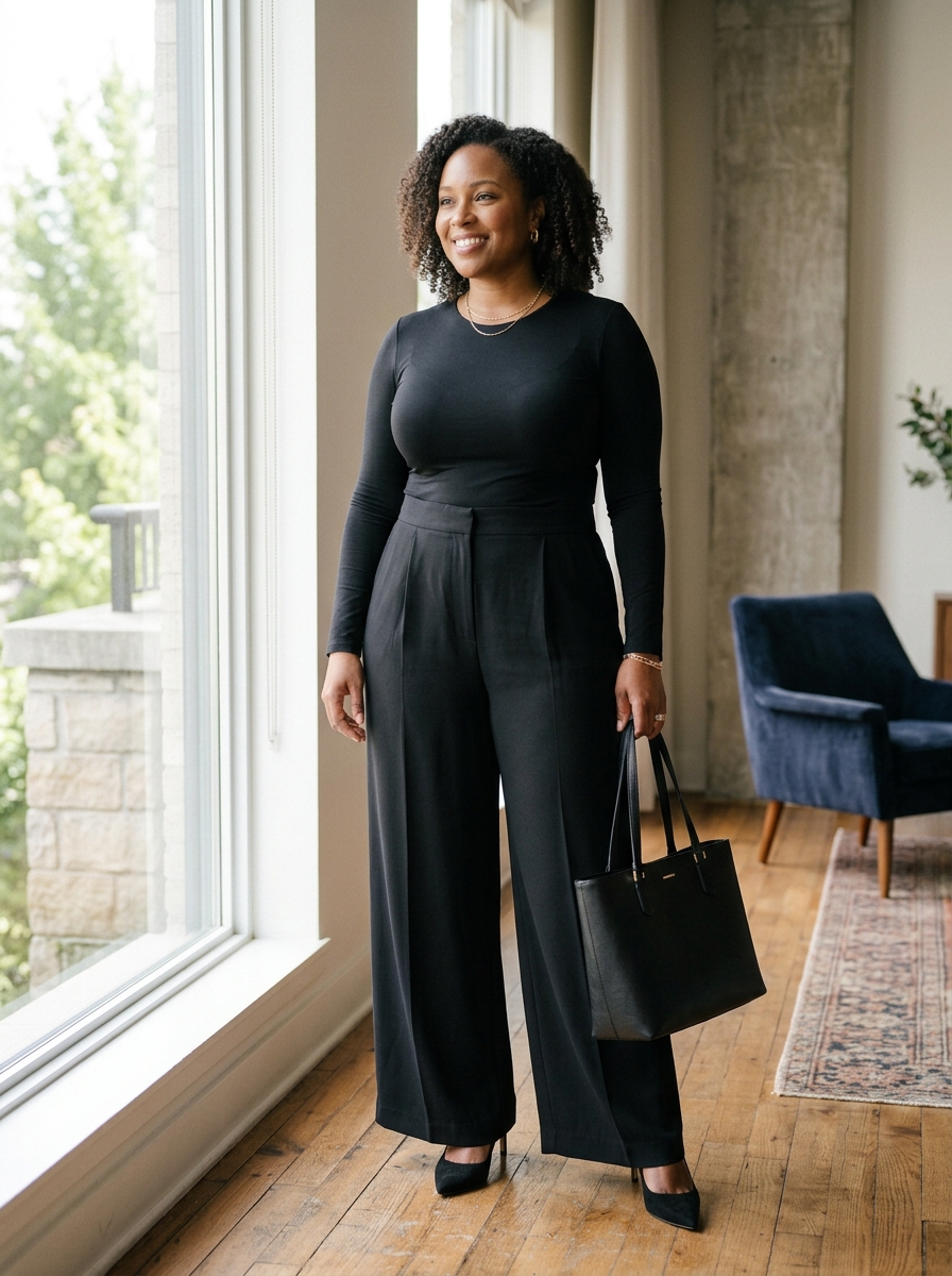 Black Wide-Leg Pants With a Fitted Top