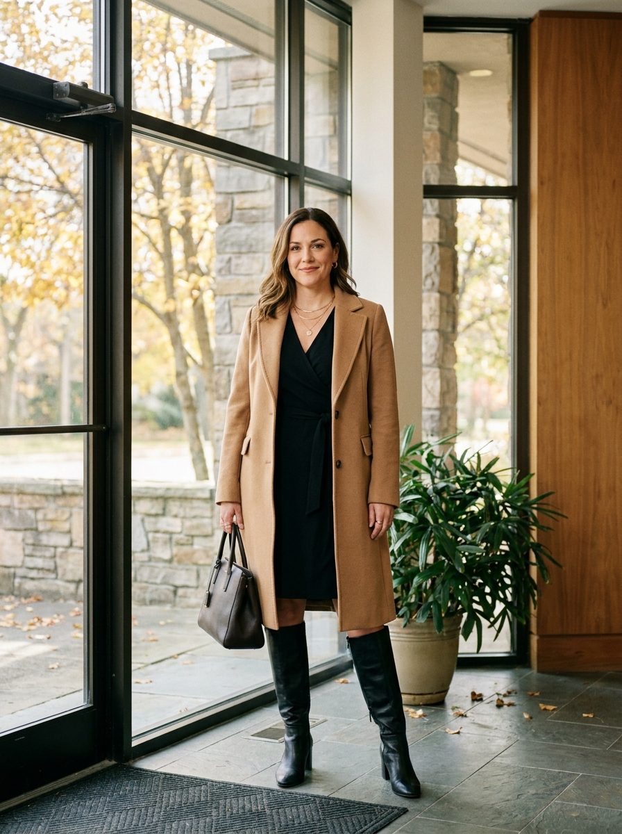 Black Wrap Dress With Camel Wool Coat
