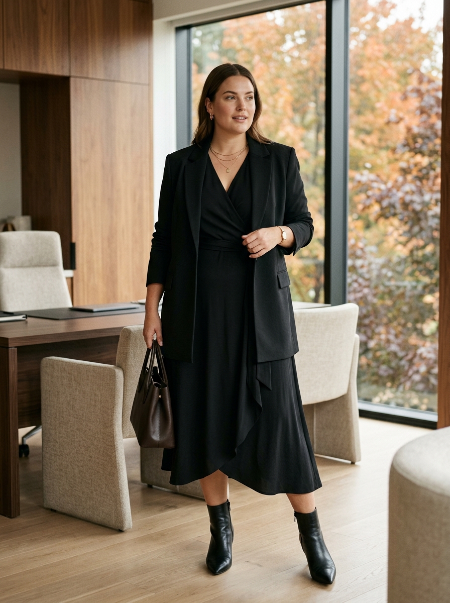 Black Wrap Dress With Longline Blazer