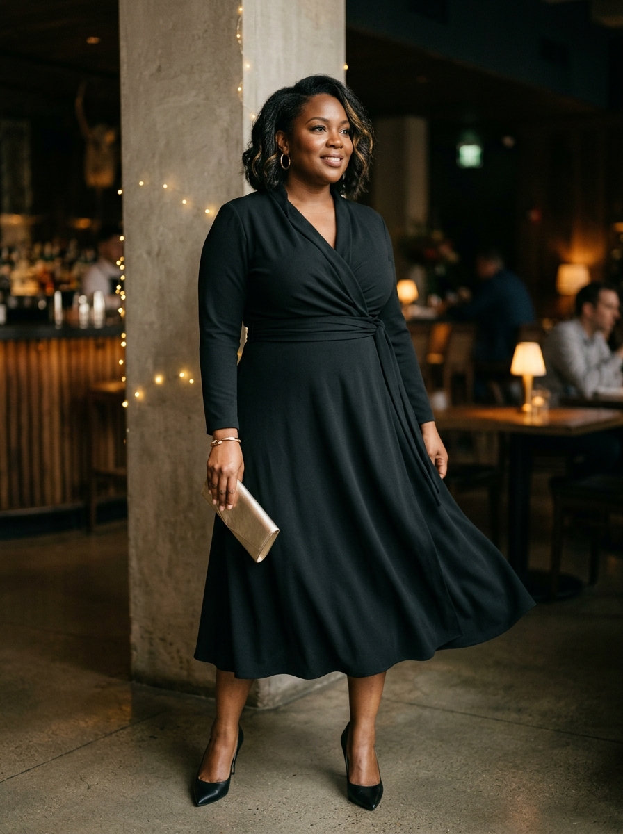 Black Wrap Midi Dress With Gold Accessories