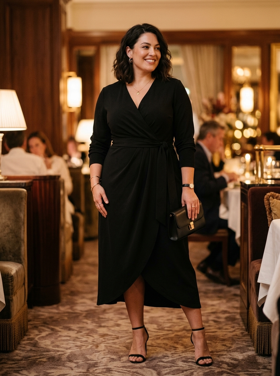 Black Wrap Midi Dress With Soft Draping