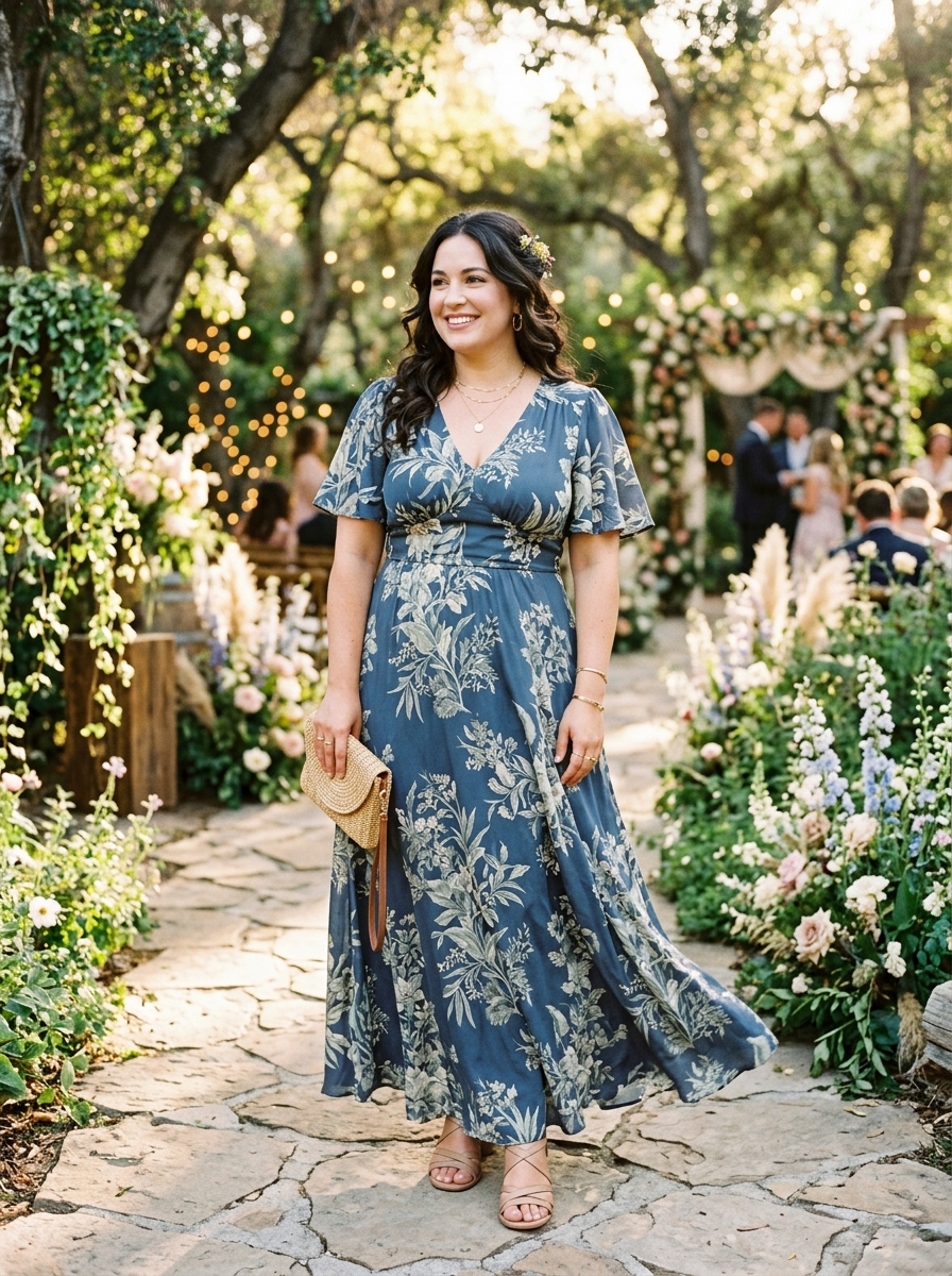 Blue Botanical Print Maxi Dress