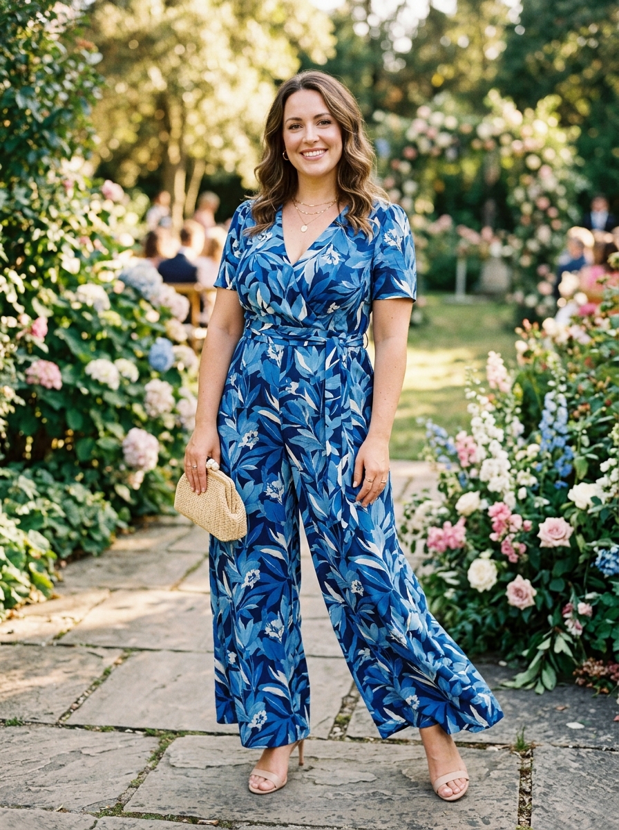 Blue Floral Jumpsuit With Wide Legs
