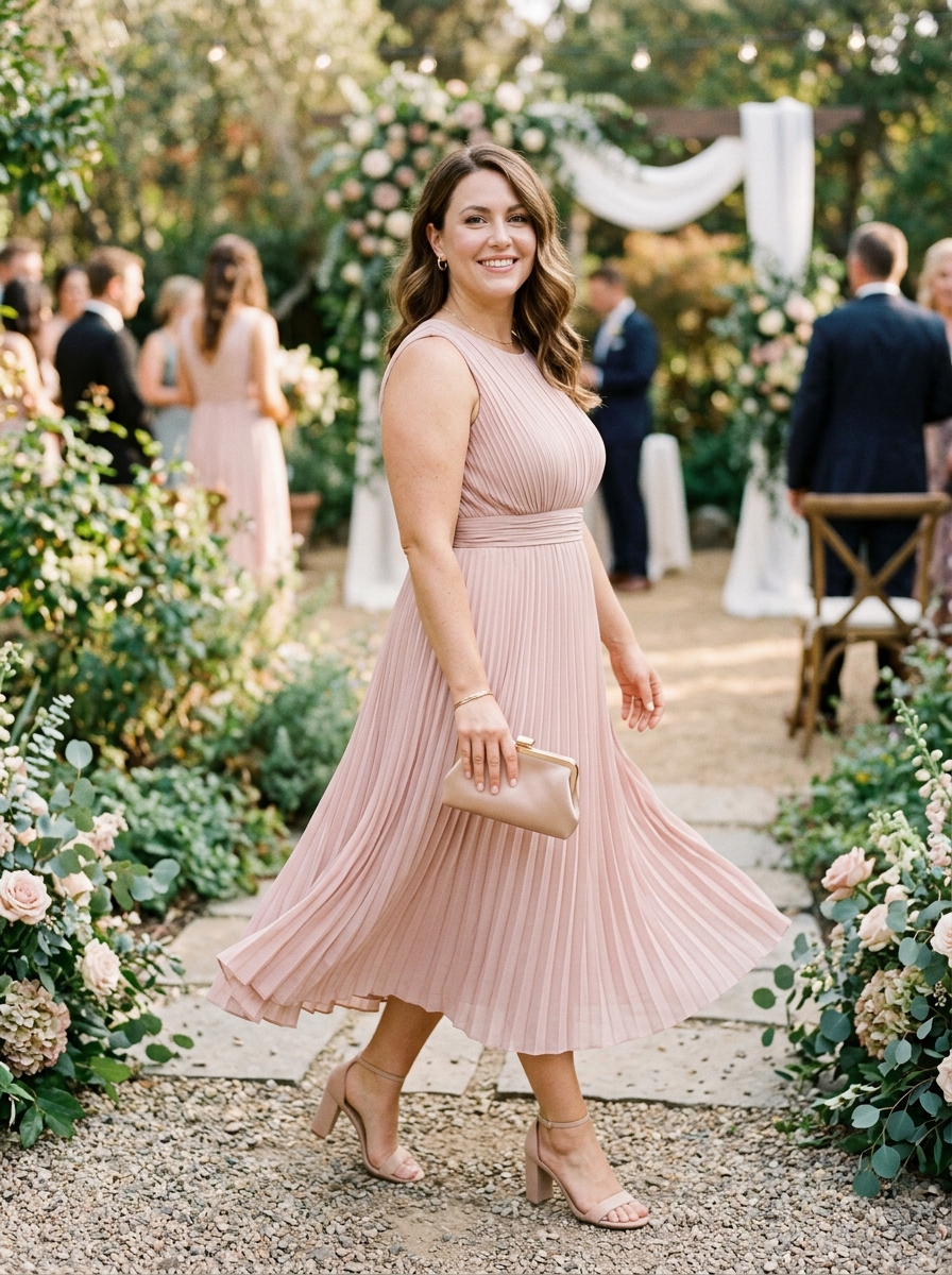 Blush Pleated Midi Dress With Defined Waist