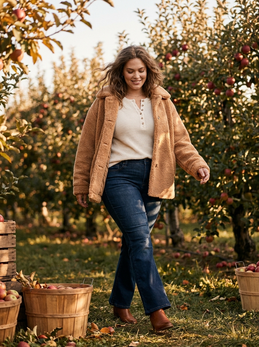 Bootcut Jeans With a Henley Top and Sherpa Jacket