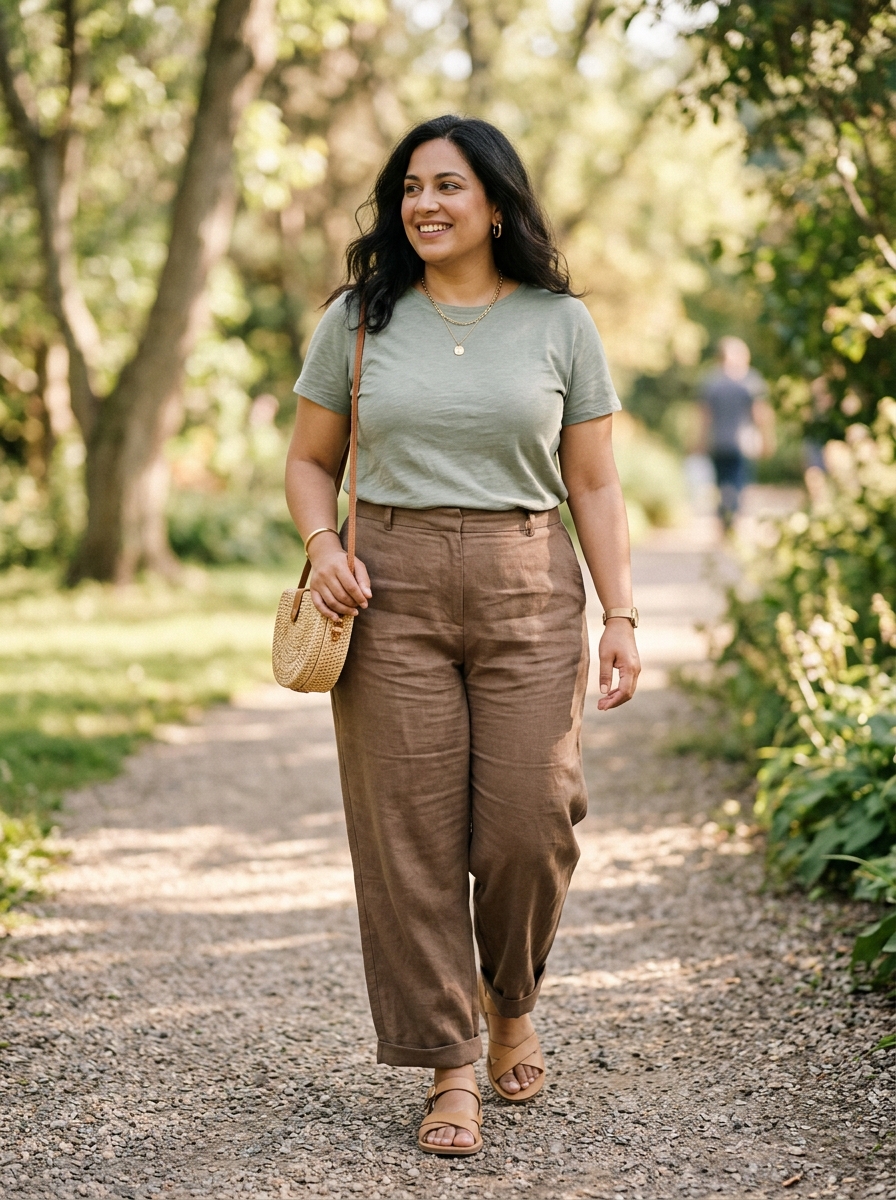 Brown Linen Trousers With a Soft Green Tee