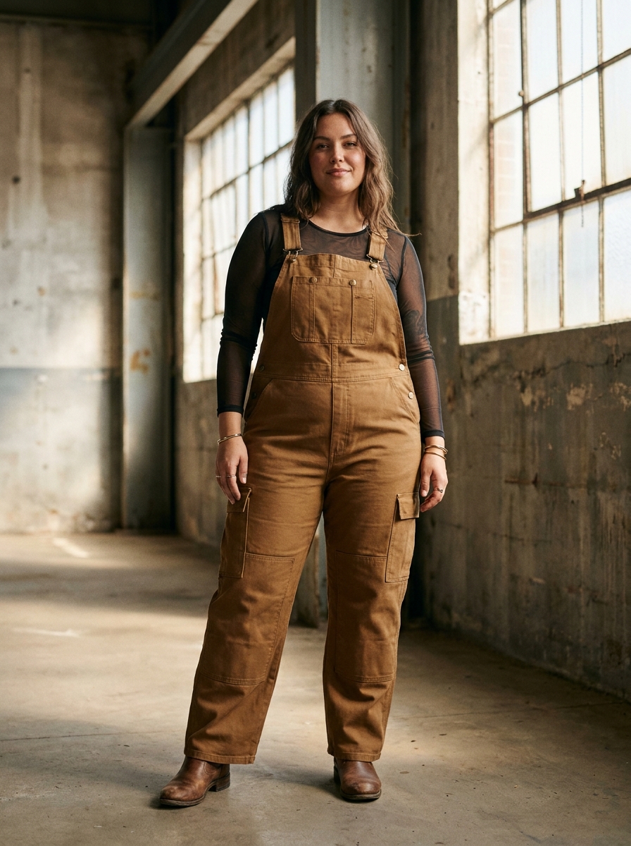 Brown Utility Overalls With Mesh Layer