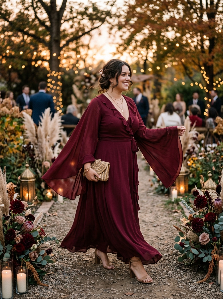 Burgundy Bell-Sleeve Maxi Dress