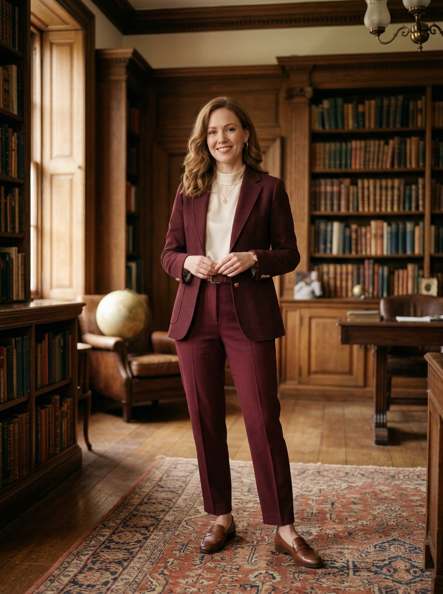 Burgundy Blazer With Cream Blouse and Tailored Trousers