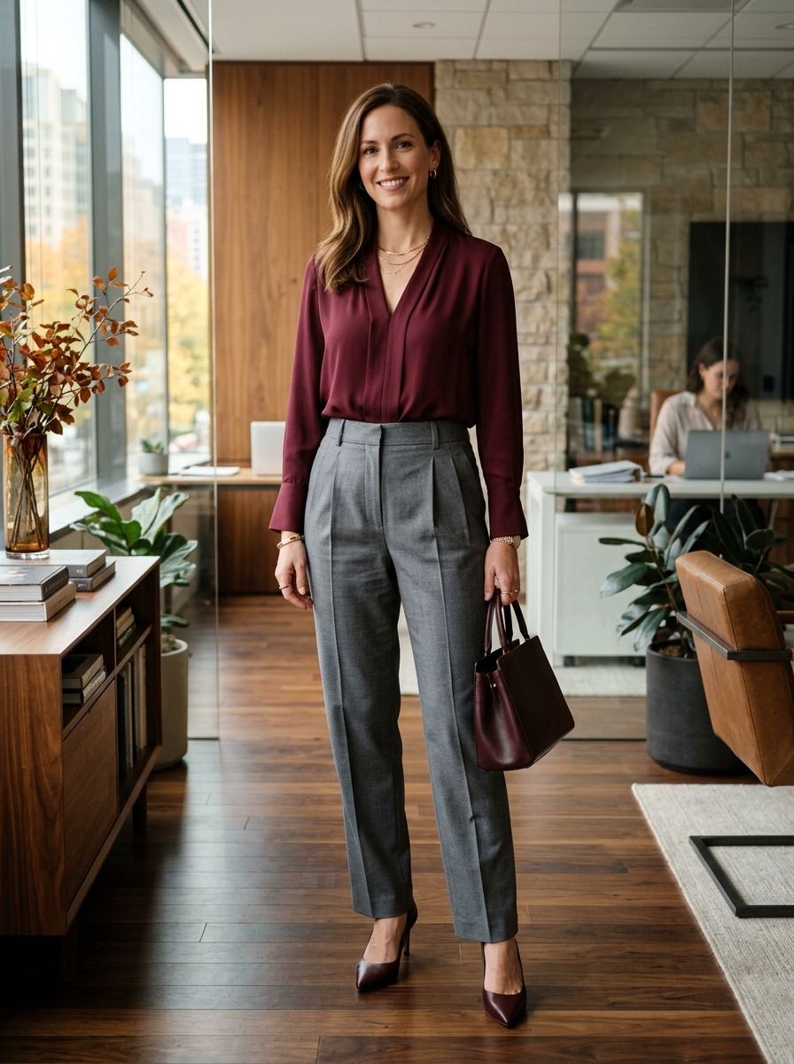 Burgundy Blouse With Tailored Gray Pants