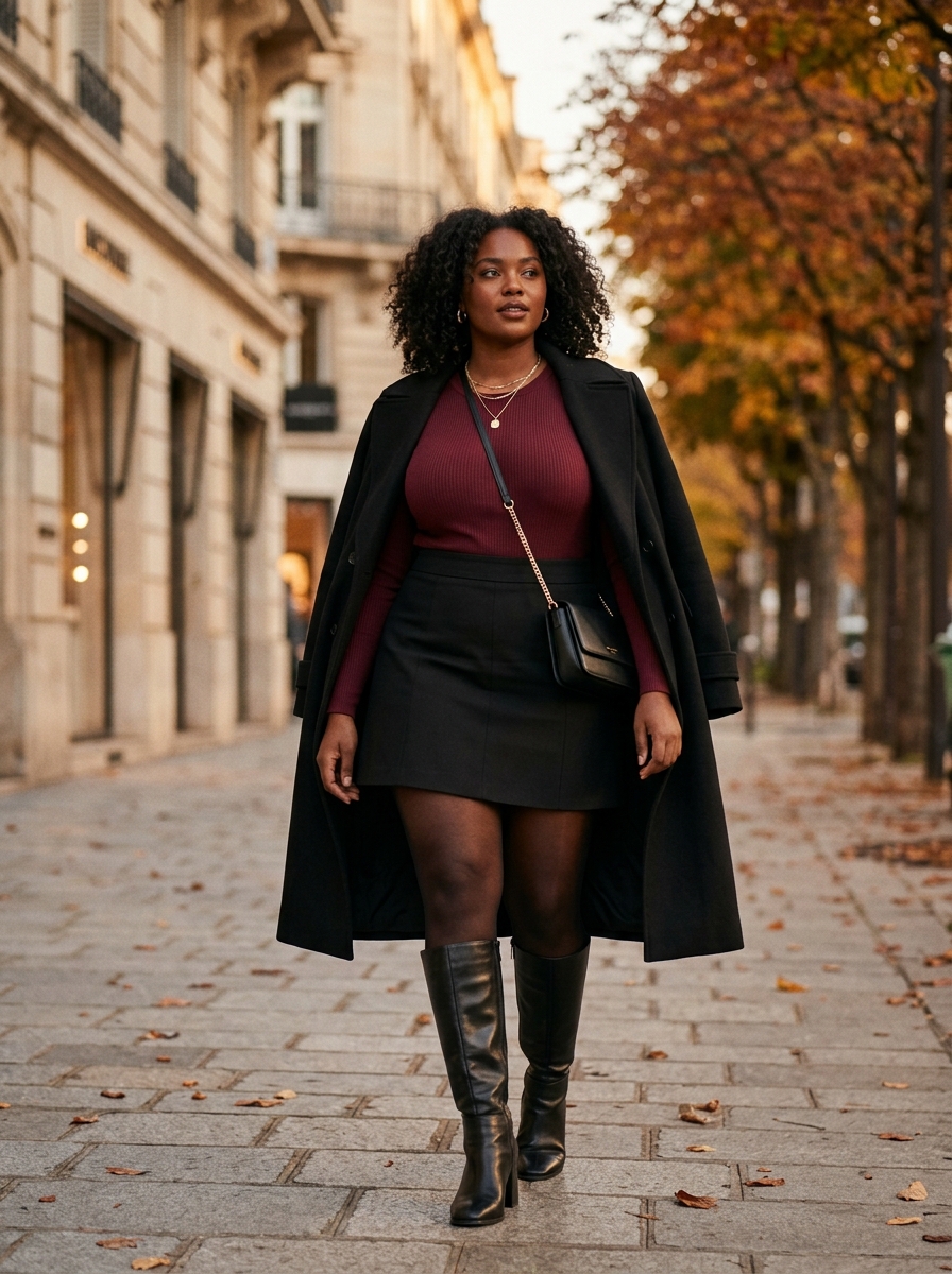Burgundy Bodysuit With Black Mini Skirt and Tights