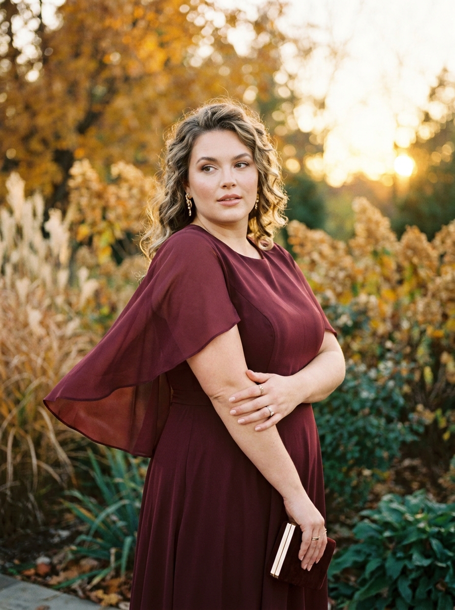 Burgundy Cape-Sleeve Midi Dress