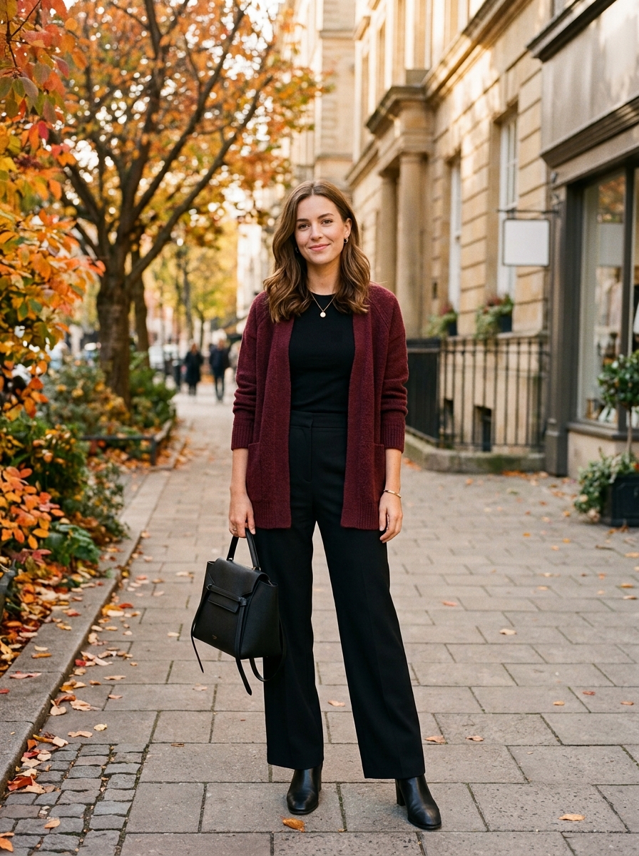 Burgundy Cardigan With Black Wide-Leg Trousers