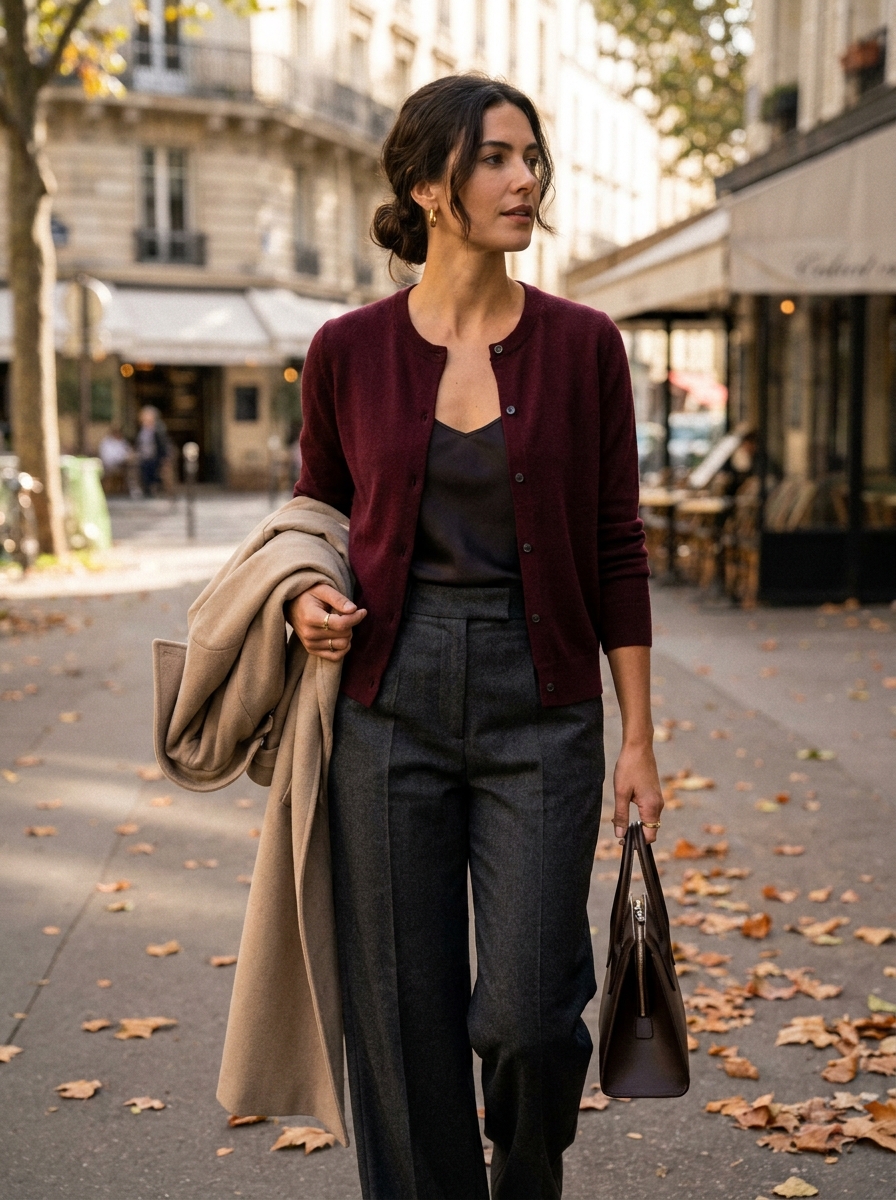 Burgundy Cardigan With Charcoal Tailored Pants