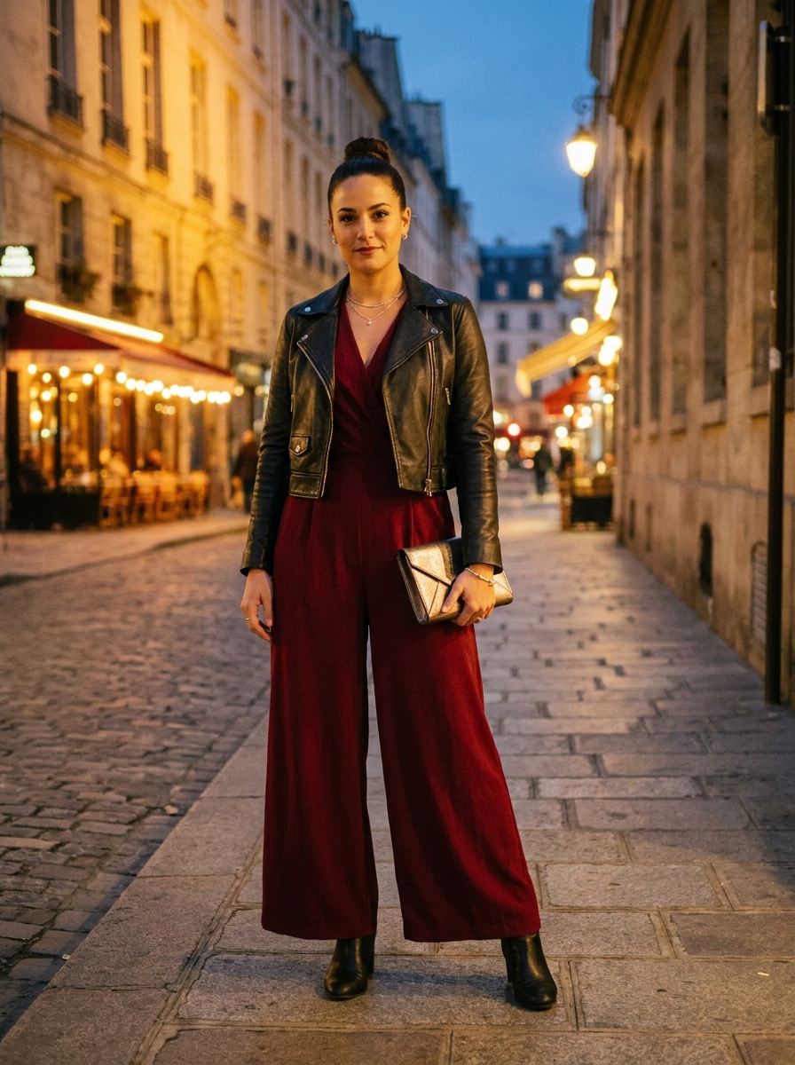 Burgundy Jumpsuit With a Cropped Moto Jacket