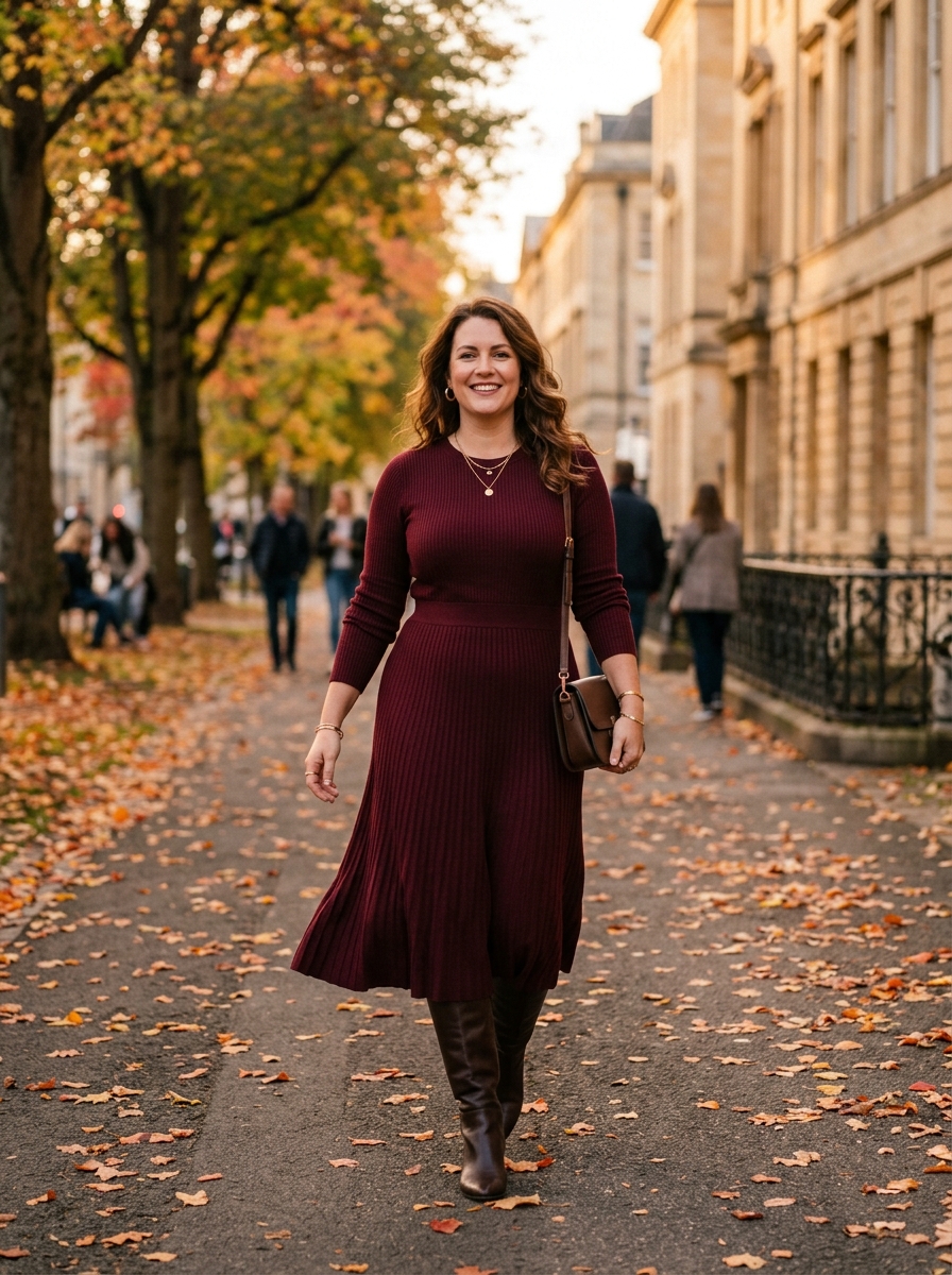 Burgundy Knit Dress With Knee-High Boots