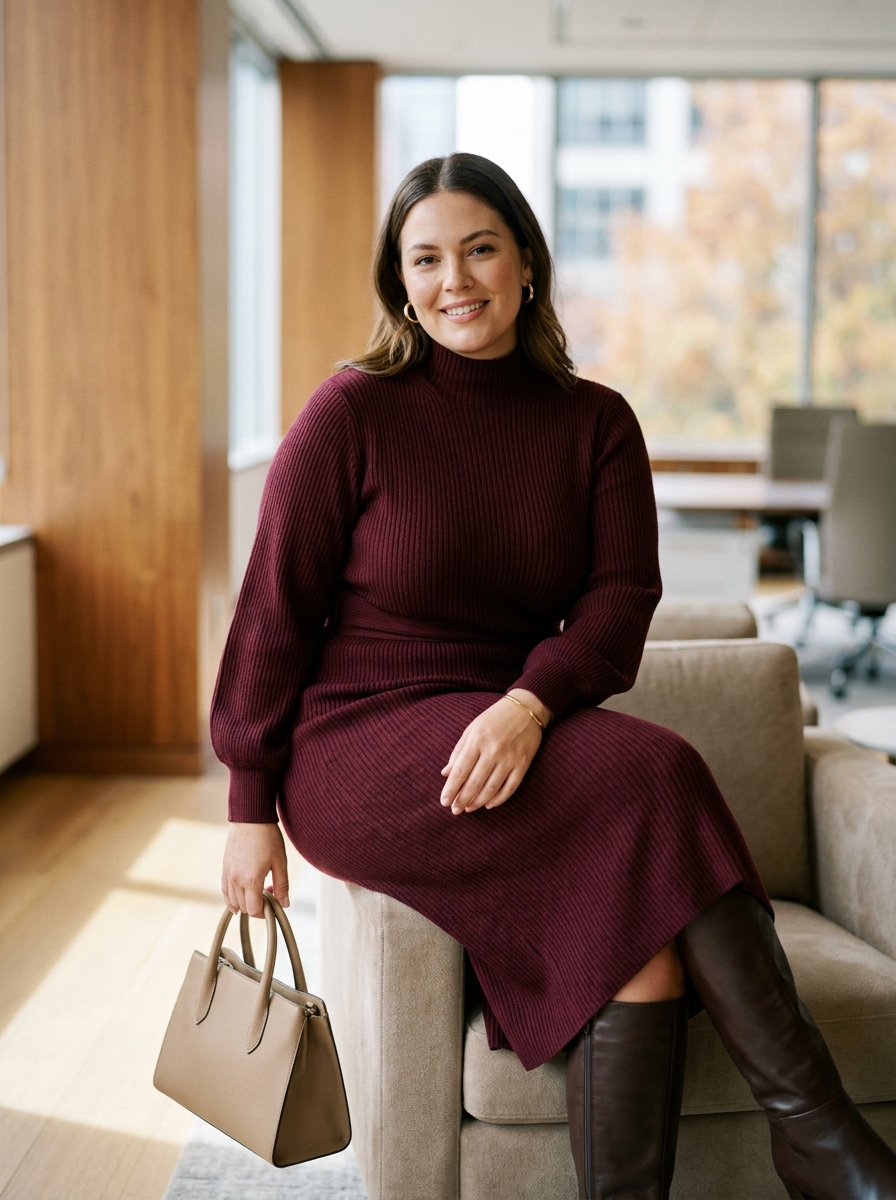 Burgundy Knit Dress With Knee-High Boots