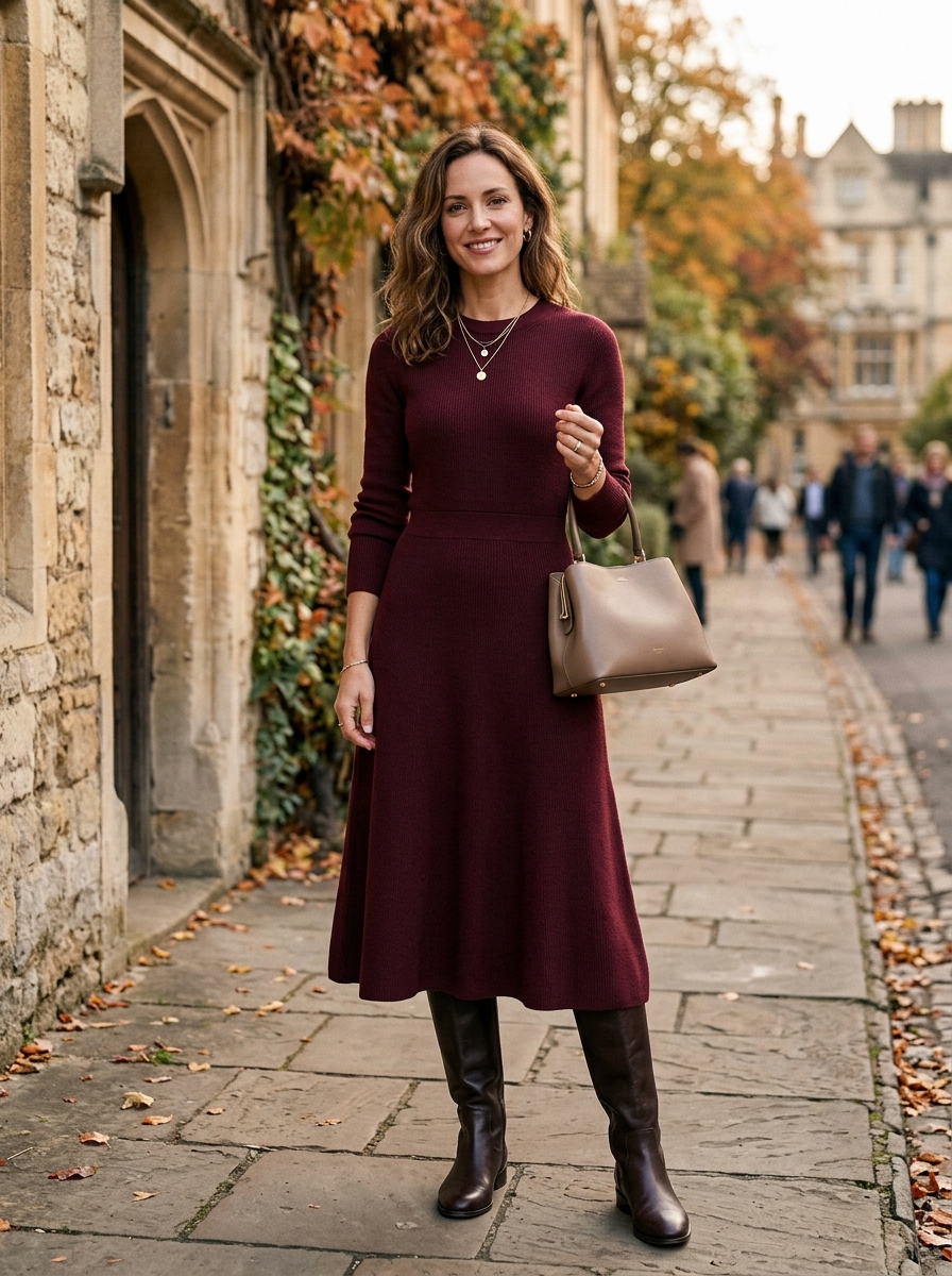 Burgundy Knit Dress With Tall Boots