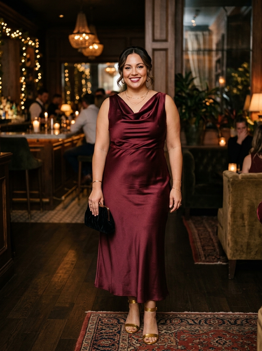 Burgundy Satin Cowl-Neck Dress
