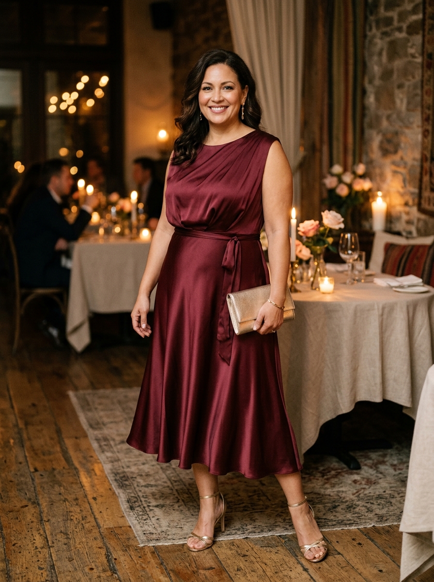 Burgundy Satin Midi Dress With Soft Draping