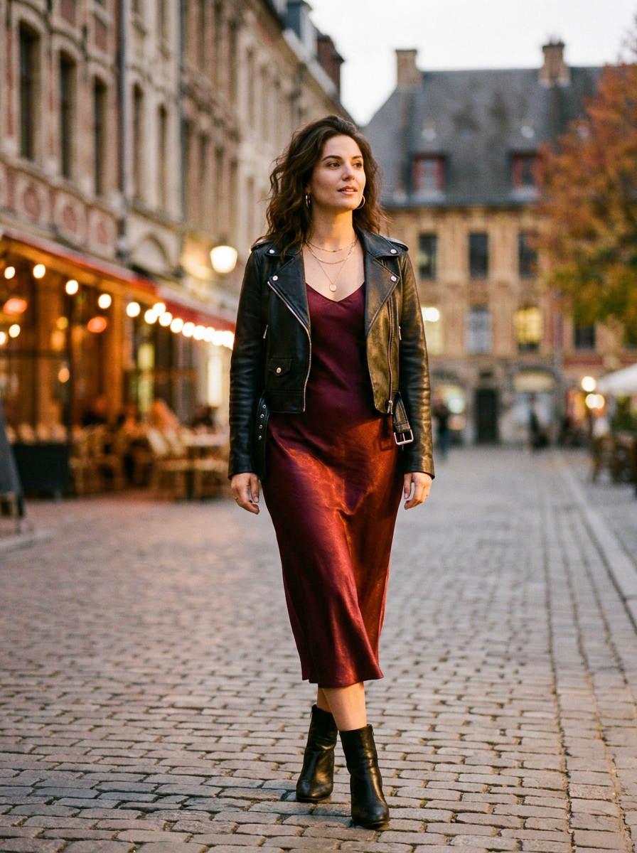 Burgundy Slip Dress With Cropped Moto Jacket