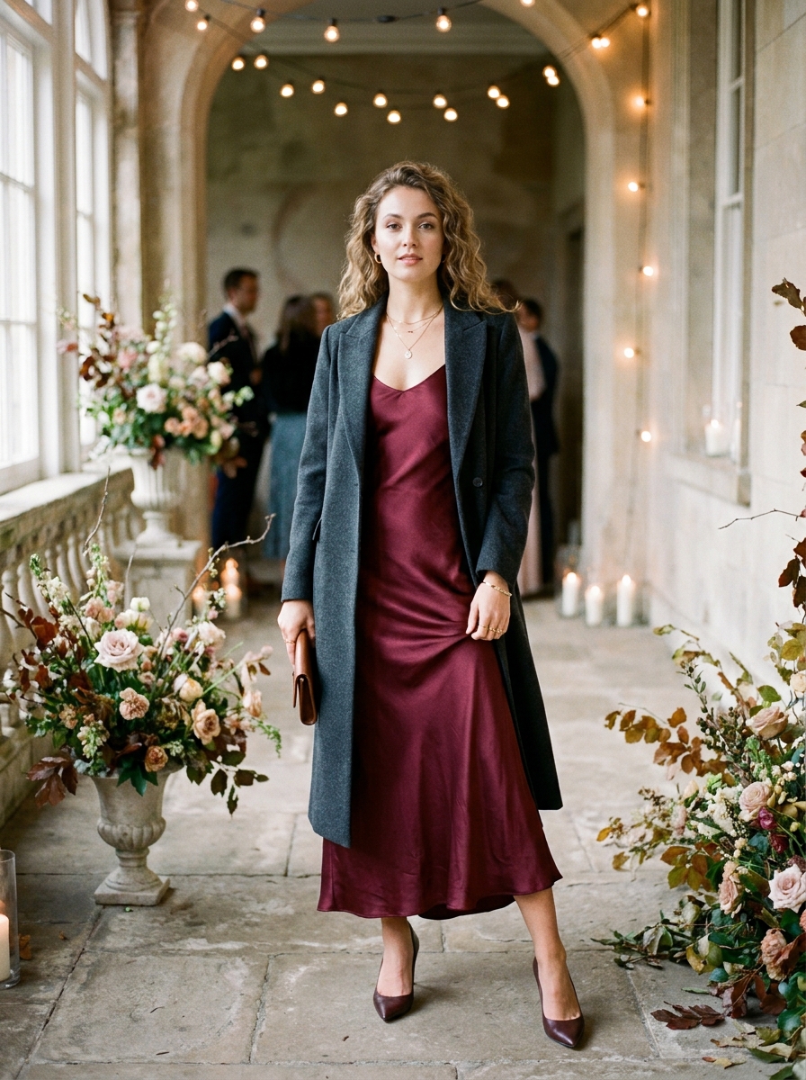Burgundy Slip Dress With Longline Coat