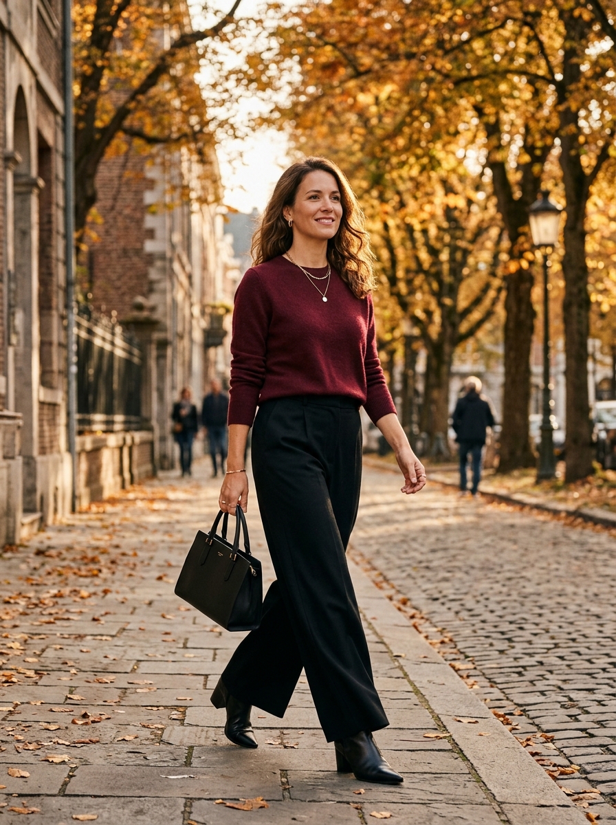 Burgundy Sweater With Black Wide-Leg Trousers