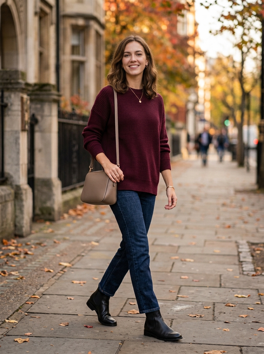 Burgundy Sweater With Dark Straight-Leg Jeans